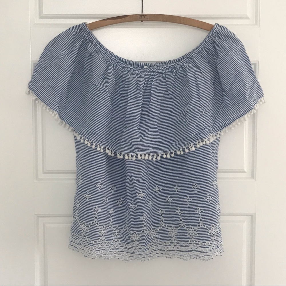 Dizzy Lizzy // NWOT Women's Vintage Cottagecore Striped Eyelet Trim Bardot Top